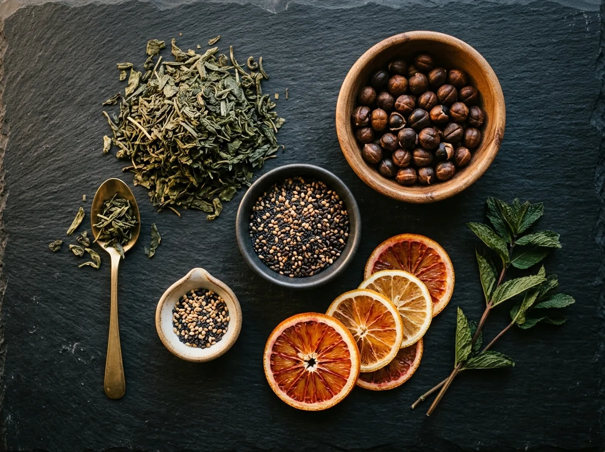 Green tea extract antioxidant supplement with guarana seeds and botanical herbs flat-lay